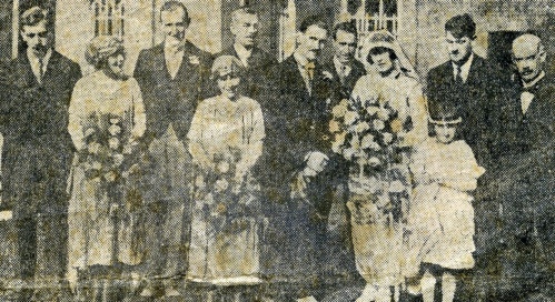 Group photograph taken after the marriage of Mr paul McGovern, solicitor, Enniskillen, to Miss Helen Kiernan, Granard, At University Chapel. Left to Right are - Dr Brian Cusack TD, Miss M Kiernan, Mr Basil McGuckin, Miss D Colye, Bridegroom, Bride, Miss P Delany, Mr Michael Collins TD, and Mr EJ Duggan TD - and behind Dr P Cusack and Mr Kiernan. Irish Independent Photos.